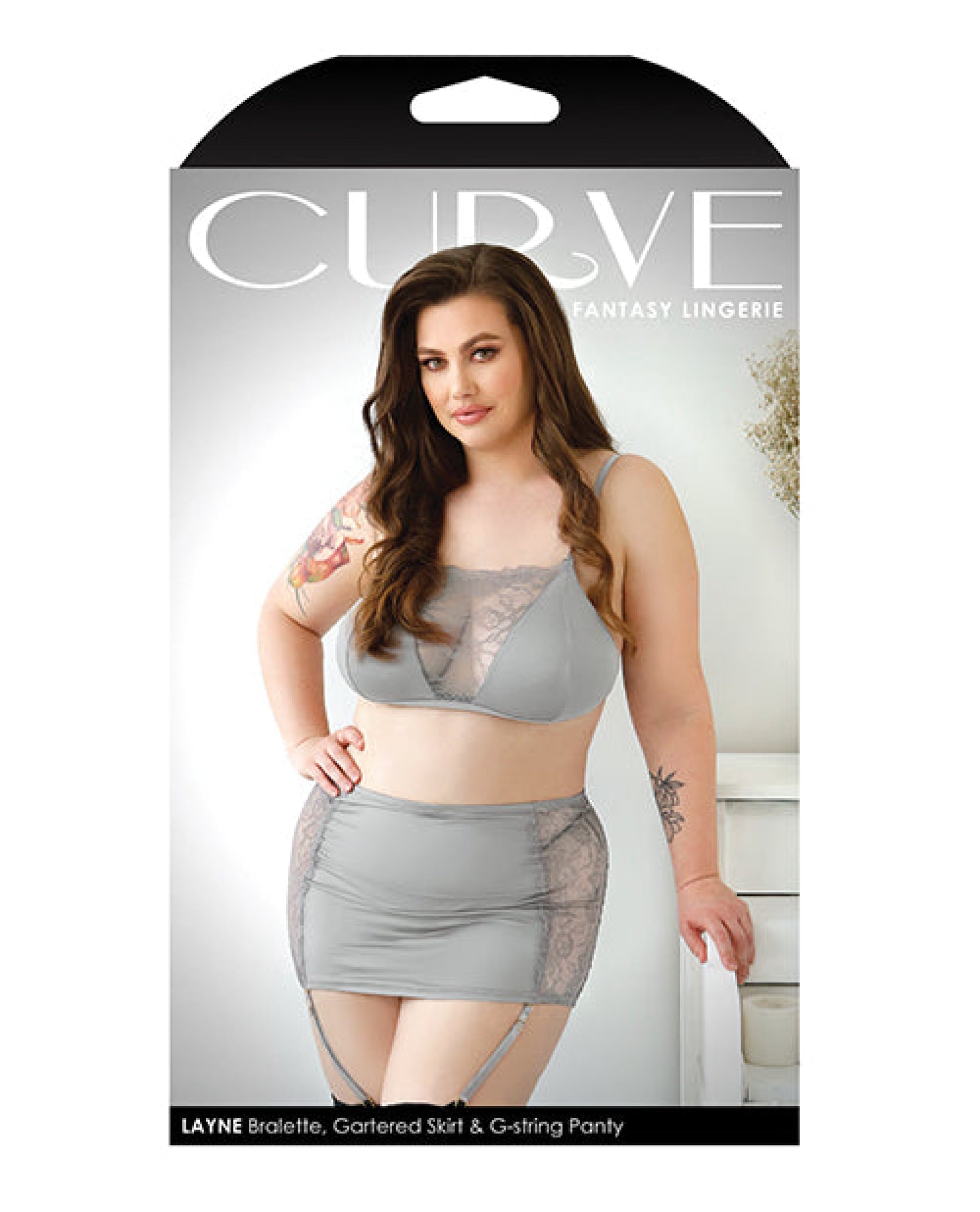 Curve Layne Lace & Microfiber Bralette W/garter Skirt & G-string Gray Fantasy Lingerie