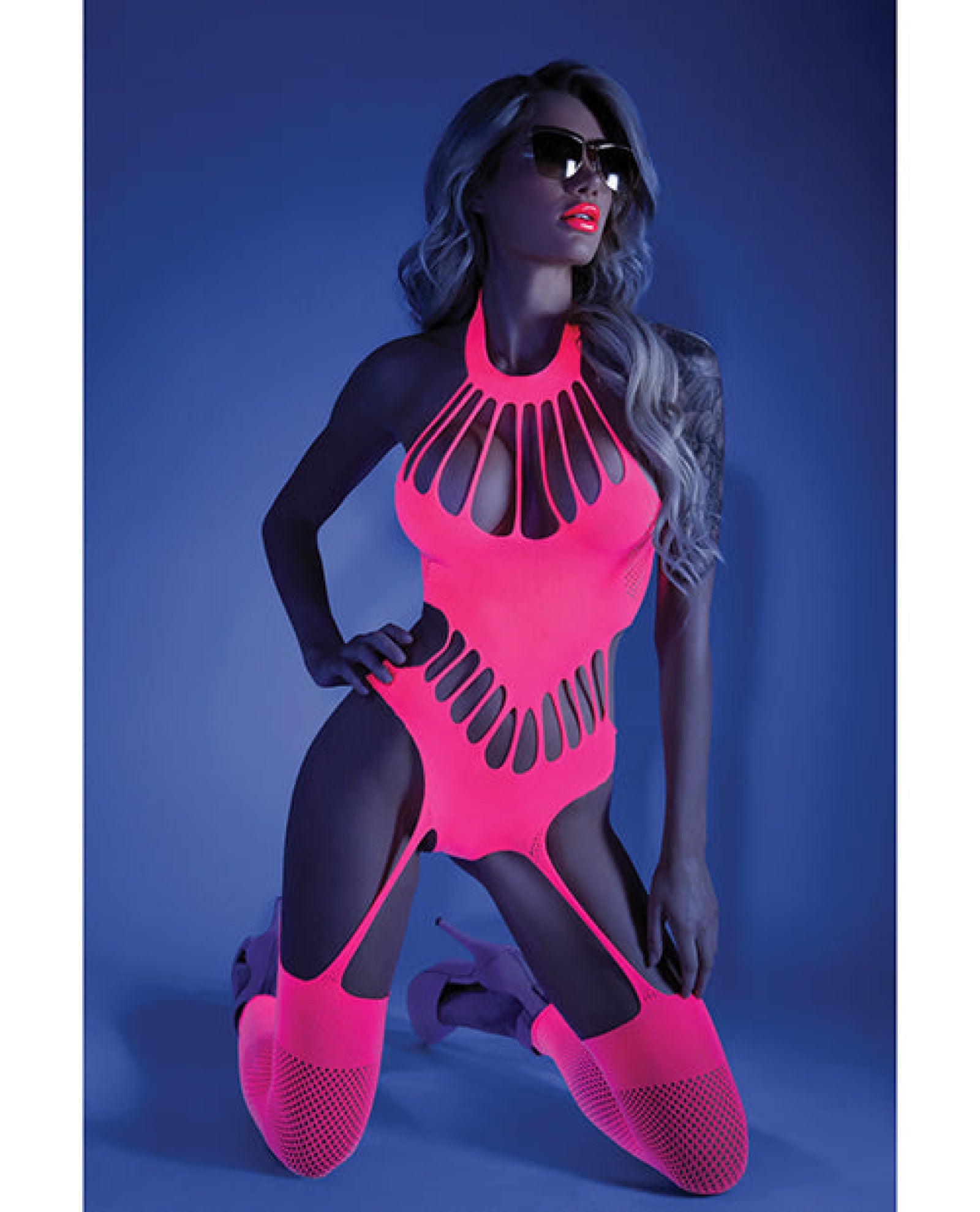 Glow Black Light Footless Teddy Bodystocking Neon Pink O-s Fantasy Lingerie