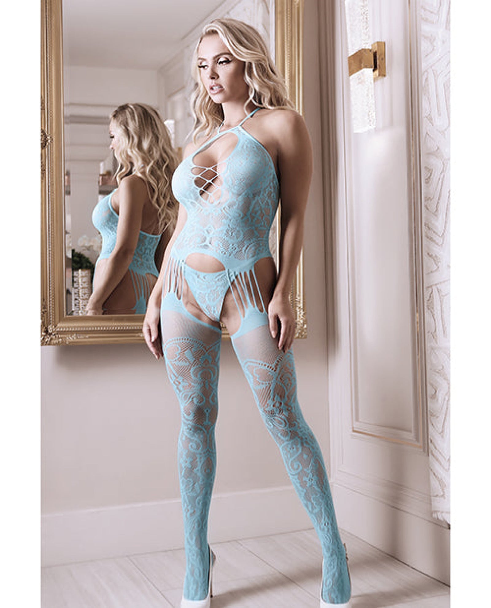 Sheer Fantasy Halter Neck Floral Lace Gartered Bodystocking & Panty Light Blue O-s Fantasy Lingerie
