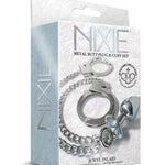 Nixie Metal Butt Plug W-inlaid Jewel & Cuff Set - Silver Metallic Nixie