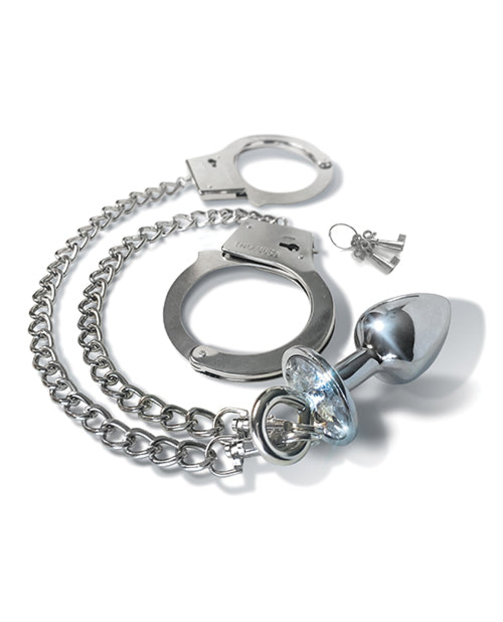 Nixie Metal Butt Plug W-inlaid Jewel & Cuff Set - Silver Metallic Nixie
