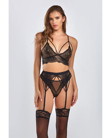 Everly Dot Mesh & Galloon Lace Strappy Bra, Garterbelt & Hipster Panty Black Icollection