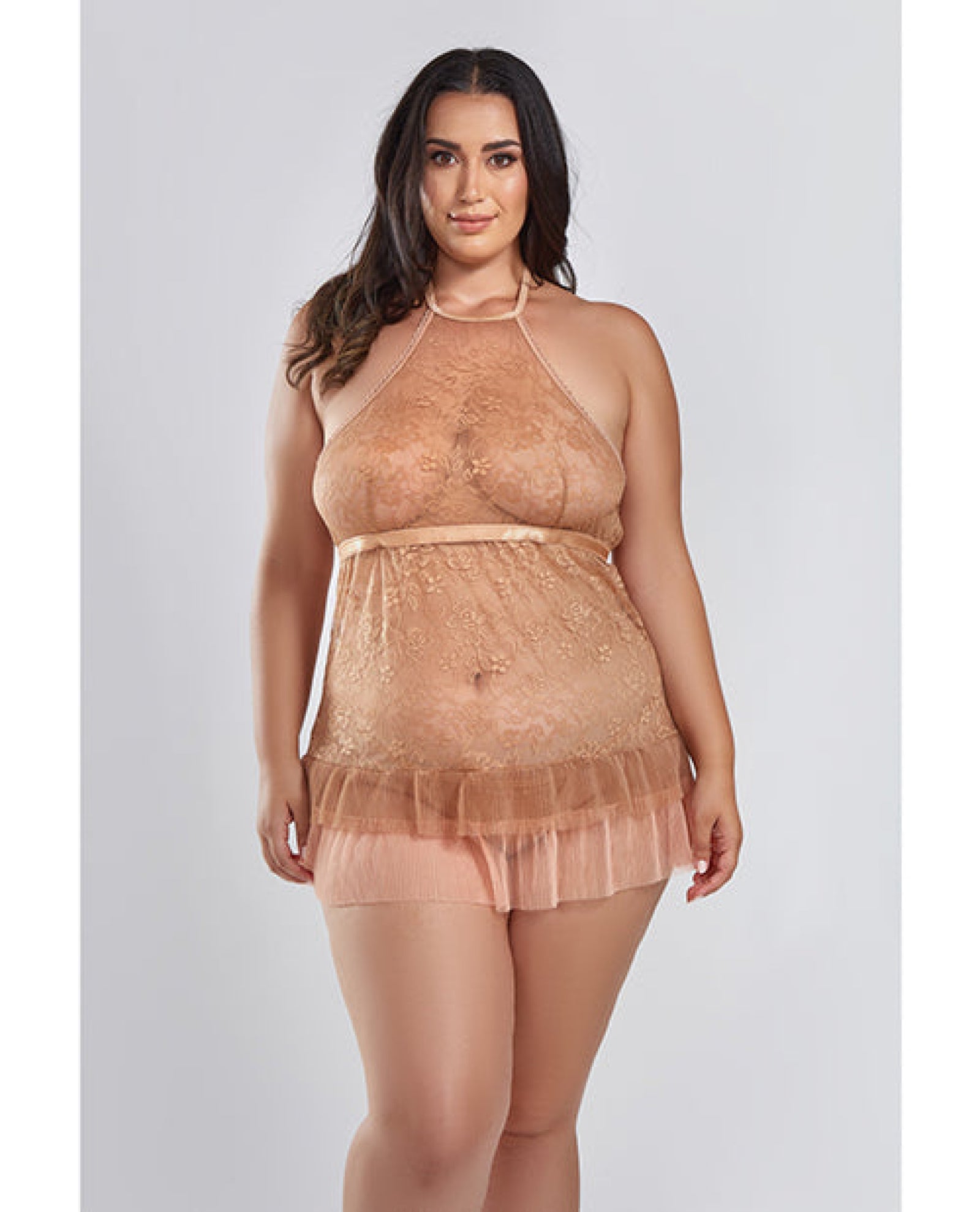 Amber Halter Lace Babydoll W/tiered Pleated Mesh Skirt Hem & G-string Brown Icollection