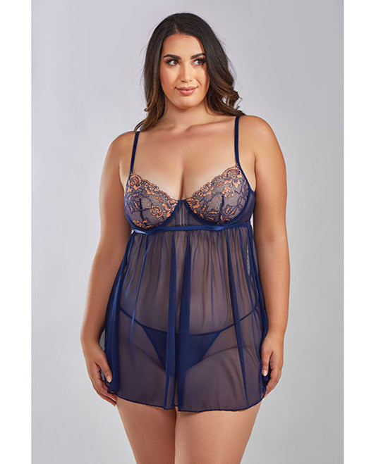 Jennie Cross Dyed Galloon Lace & Mesh Babydoll Navy Icollection 1657