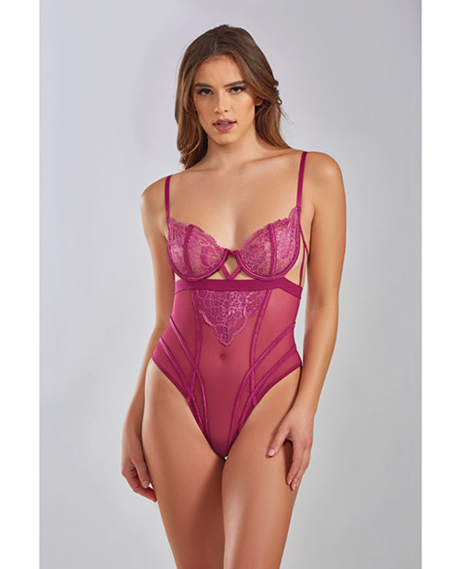 Quinn Cross Dyed Galloon Lace & Mesh Teddy Wine Icollection