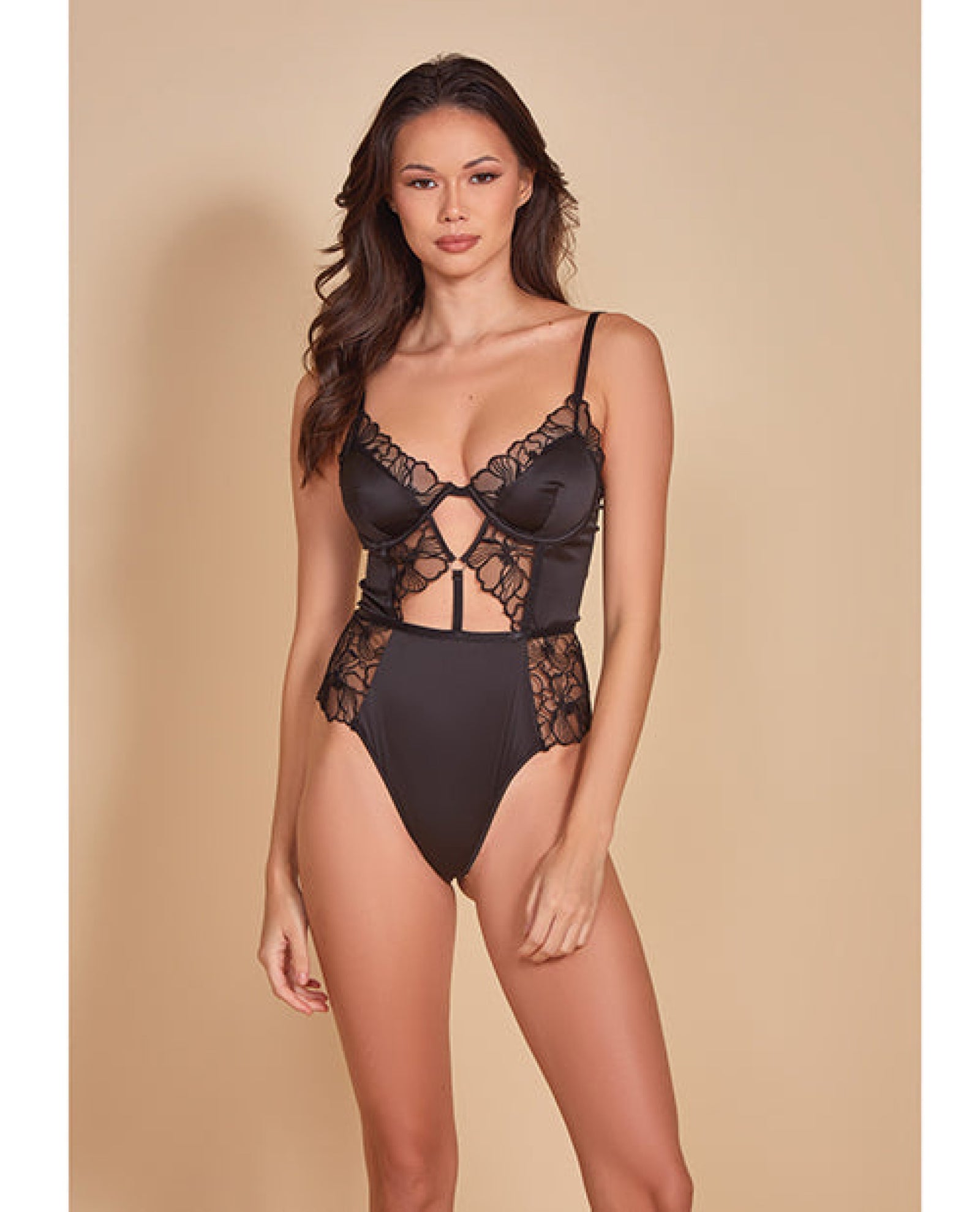 Thread Bare Satin & Embroidered Mesh Teddy Black Icollection