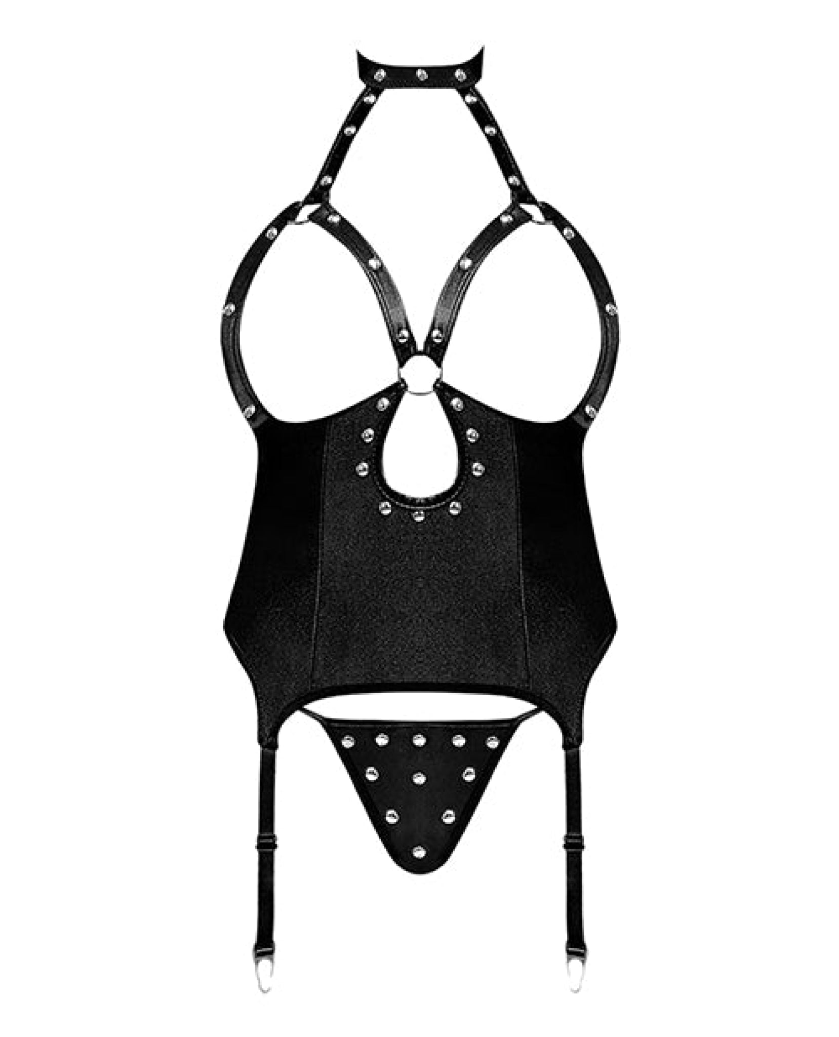 Lust Mistress Cupless Corset W/velcro Choker Collar, Metal Garters & G-string Black Comme Ci Comme Ca
