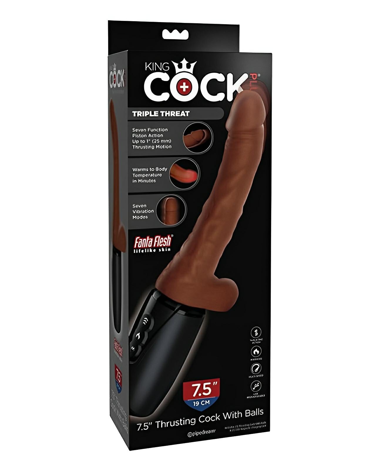 King Cock Plus Thrusting, Warming & Vibrating  7.5" Triple Threat Dong - Brown King Cock®