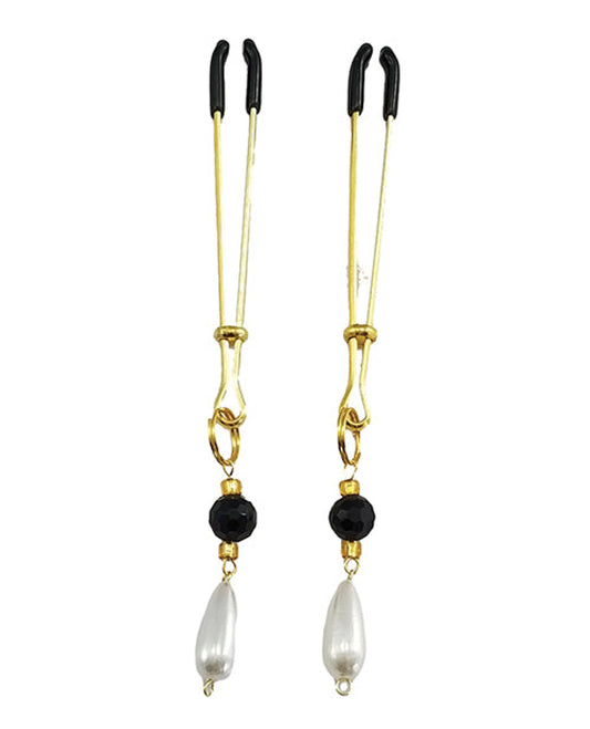 Bijoux De Nip Tweezer Nipple Clamp W-black & Gold Beads W-pearl - Gold Bijoux 1657