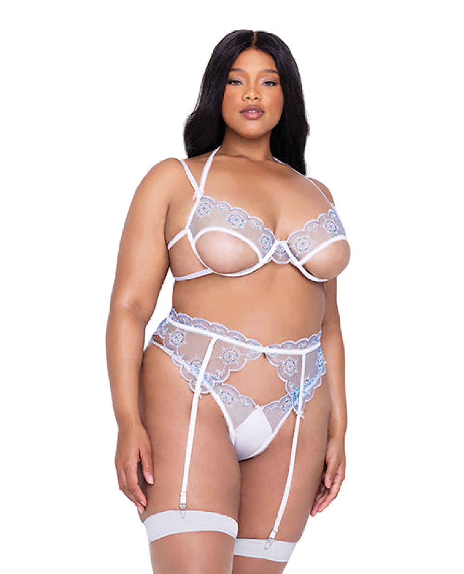 Holiday Snow Queen Metallic Snowflake Embroidered Bra & High Waisted Thong Blue/white Roma Costume
