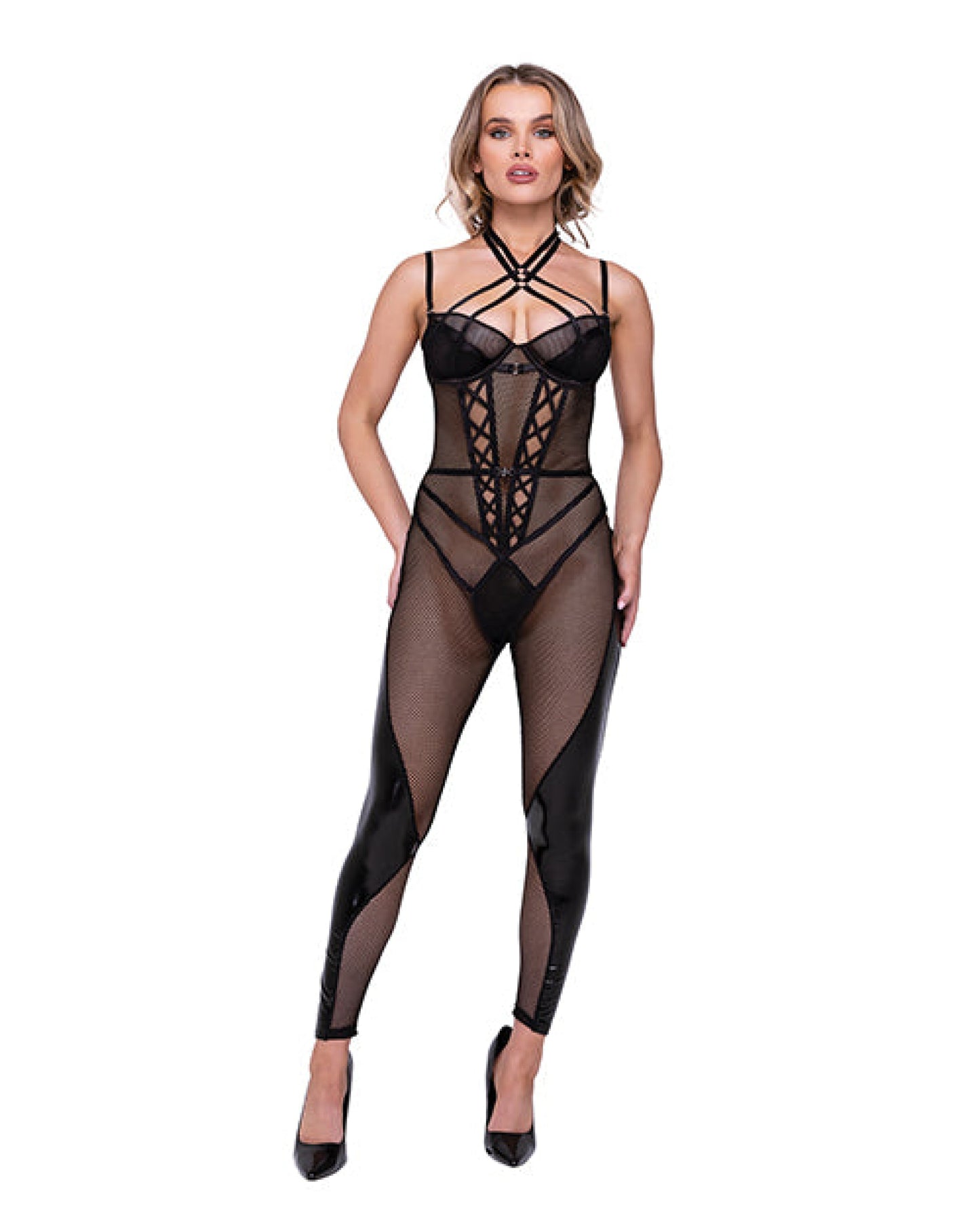 Flirty Fetish Fishnet & Faux Leather Catsuit W/satin Trim Black Roma Costume