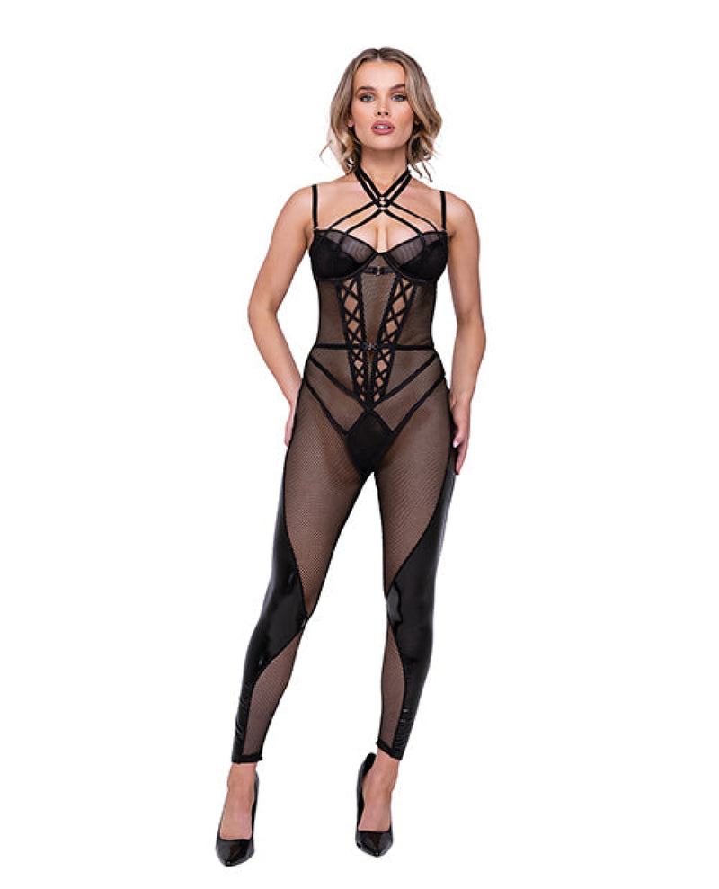 Flirty Fetish Fishnet & Faux Leather Catsuit W/satin Trim Black Roma Costume