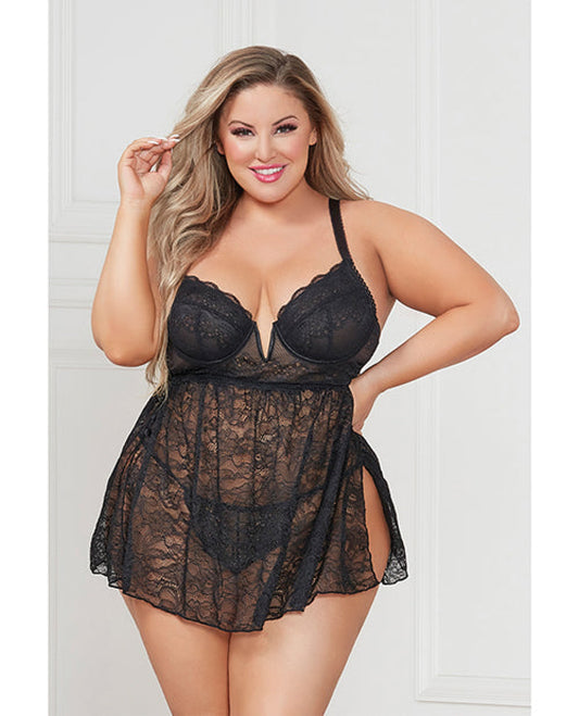 Stretch Lace Babydoll W/underwire Cups & G-string Black Seven 'til Midnight Costume 1657