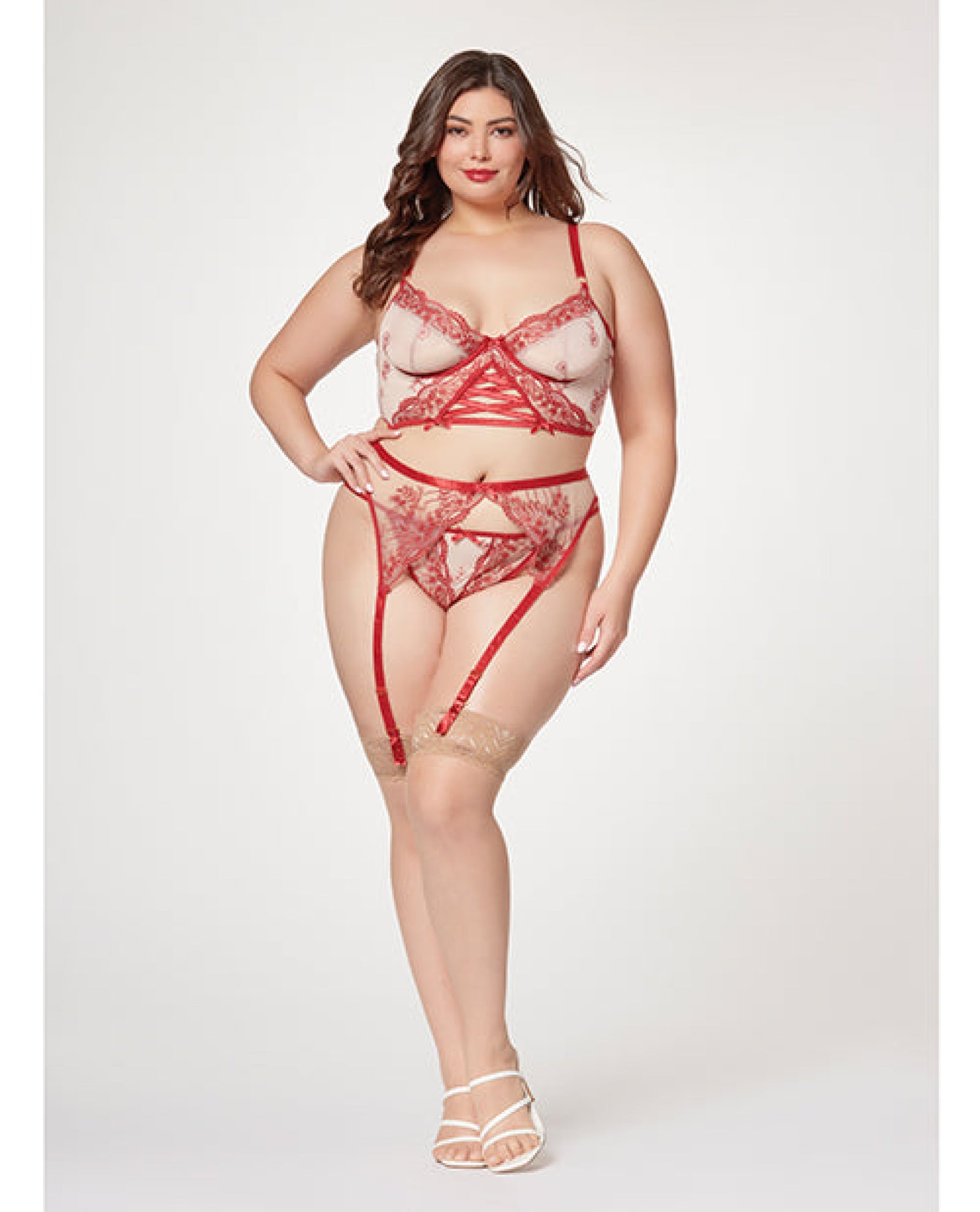Sheer Stretch Mesh W/floral Contrast Embroidery Bustier, Garter Belt & Thong Red/nude Seven 'til Midnight Costume
