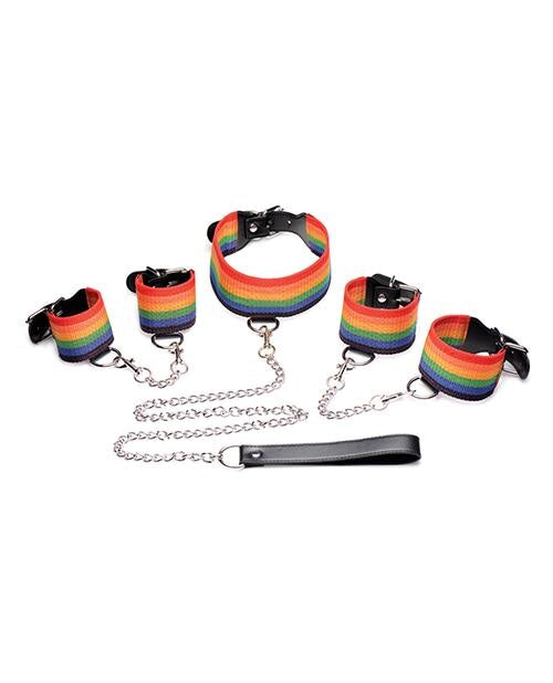 No Eta Master Series Kinky Pride Rainbow Bondage Set - Wrist & Ankle Cuffs & Collar W-leash No Eta