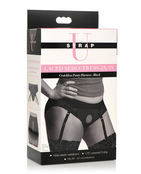 Strap U Laced Seductress Lace Crotchless Panty Harness W/garter Straps - Black Strap U 1657